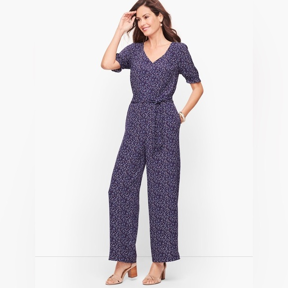 Talbots Floral Print Blue Jumpsuit Short Sleeve - Picture 1 of 11